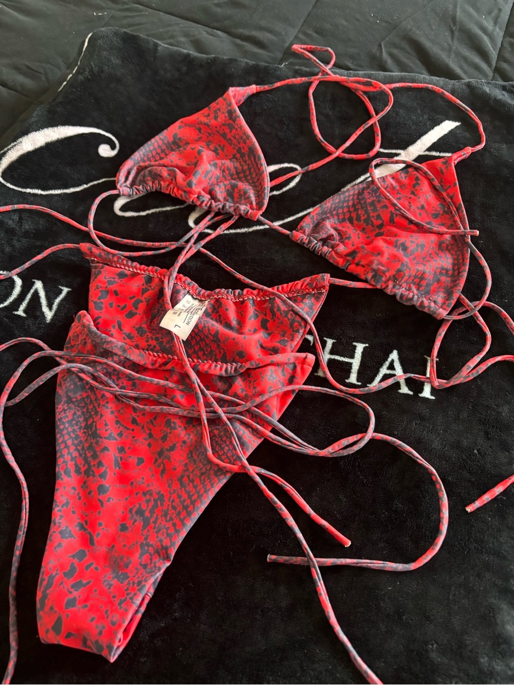 Red Snake-Print Triangle Bikini Top & High-Cut Bottoms
